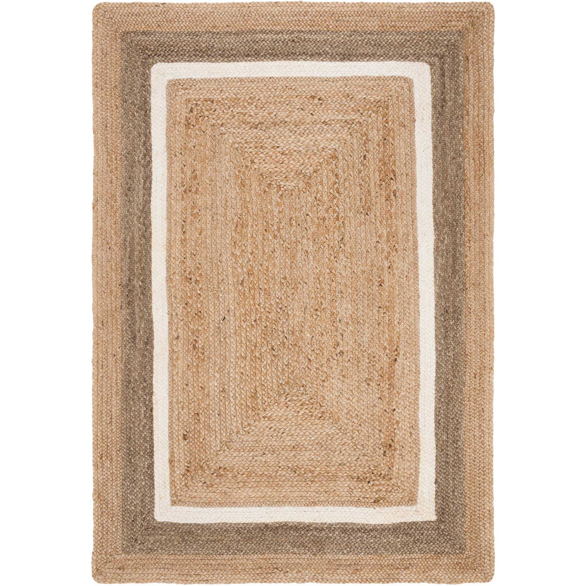 Tan handwoven rug features an ivory inner border and softly contrasting gray outer band.