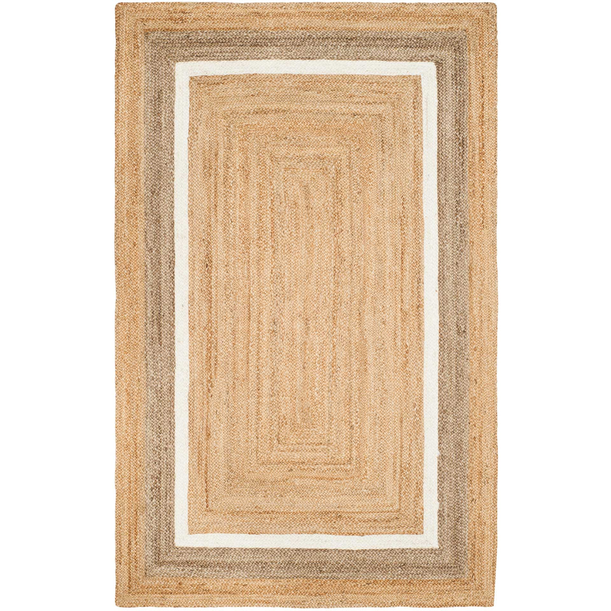 Rectangular jute-and-cotton rug frames a warm tan field with crisp ivory and gray stripes.
