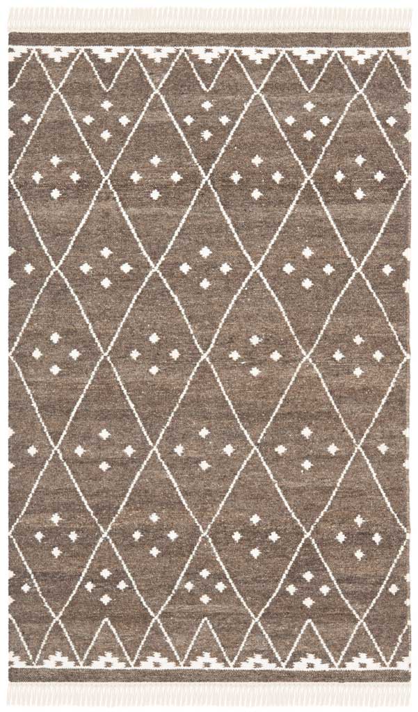 Small brown wool-blend rug carries large ivory diamonds, dotted accents, and fringe.