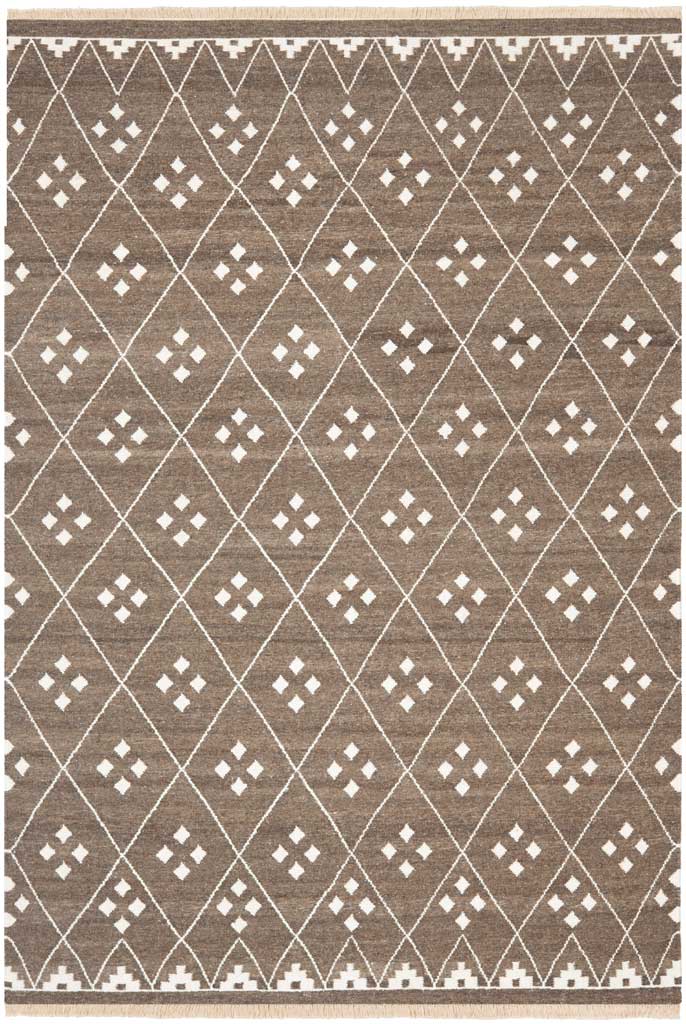 Warm brown rug with ivory crisscross diamonds and small four-dot details throughout.