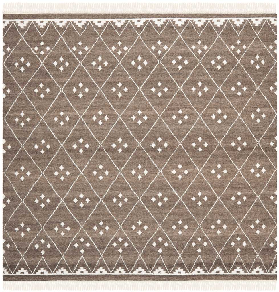 Square brown rug pairs slender ivory diamonds with tiny dot clusters and end fringe.