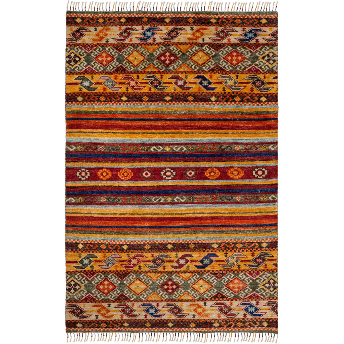 Red, orange, blue, and cream patterns bring lively detail to this tasseled rug.