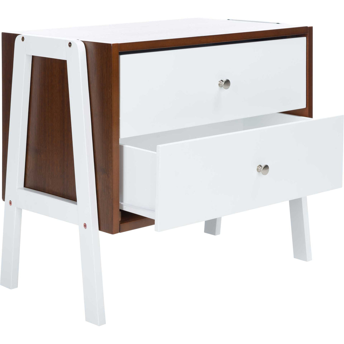 An open lower drawer adds handy storage to the walnut-framed nightstand with white A-frame legs.