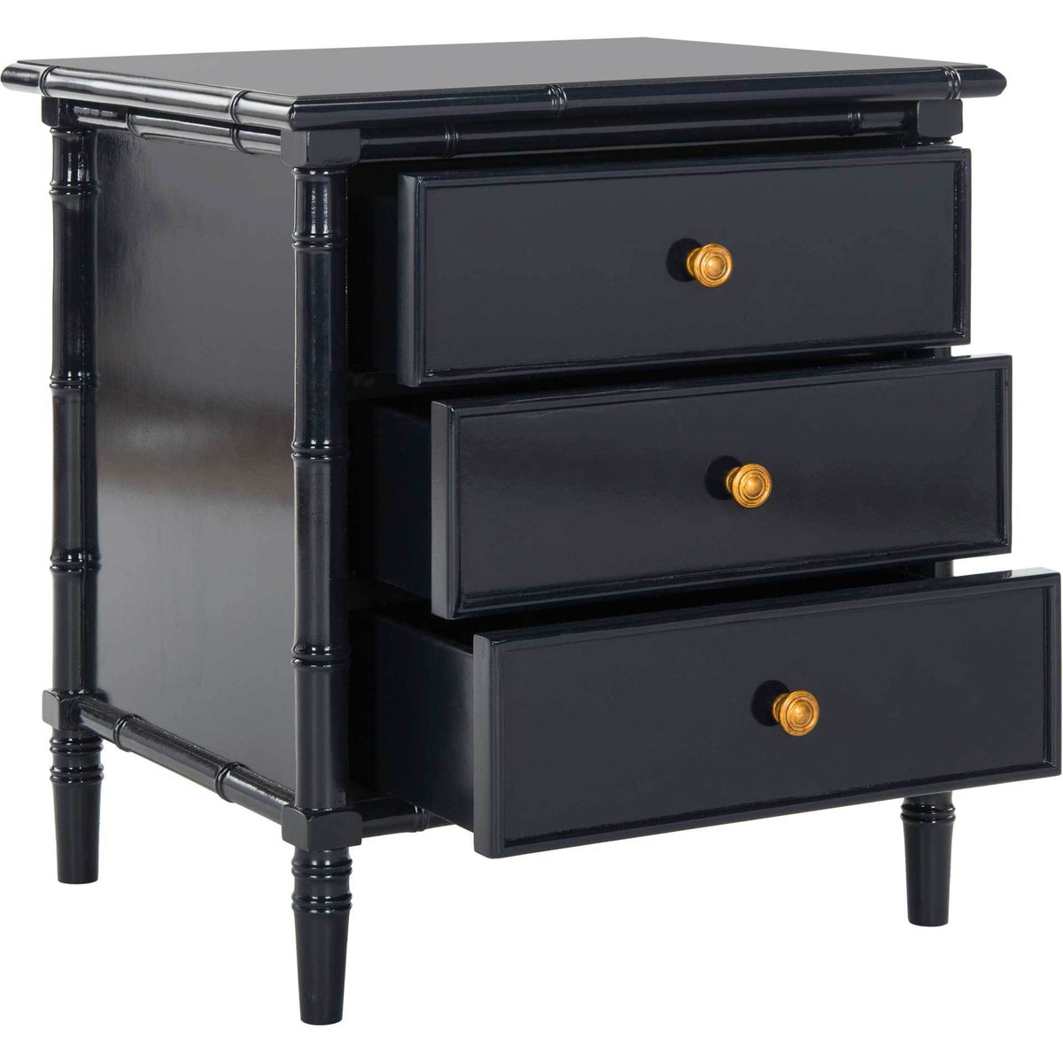 Three open drawers reveal handy storage beneath a broad navy top and shiny gold knobs.
