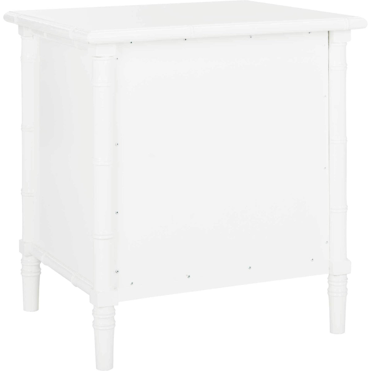 Bamboo-inspired white posts wrap around the cabinet, joining a wide top and short legs.