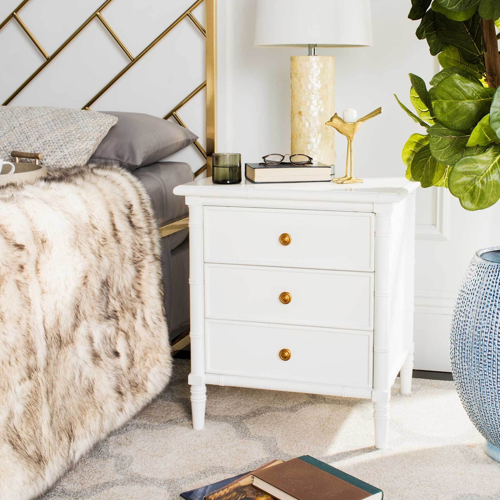 Mitchell 3 Drawer Bamboo Nightstand White