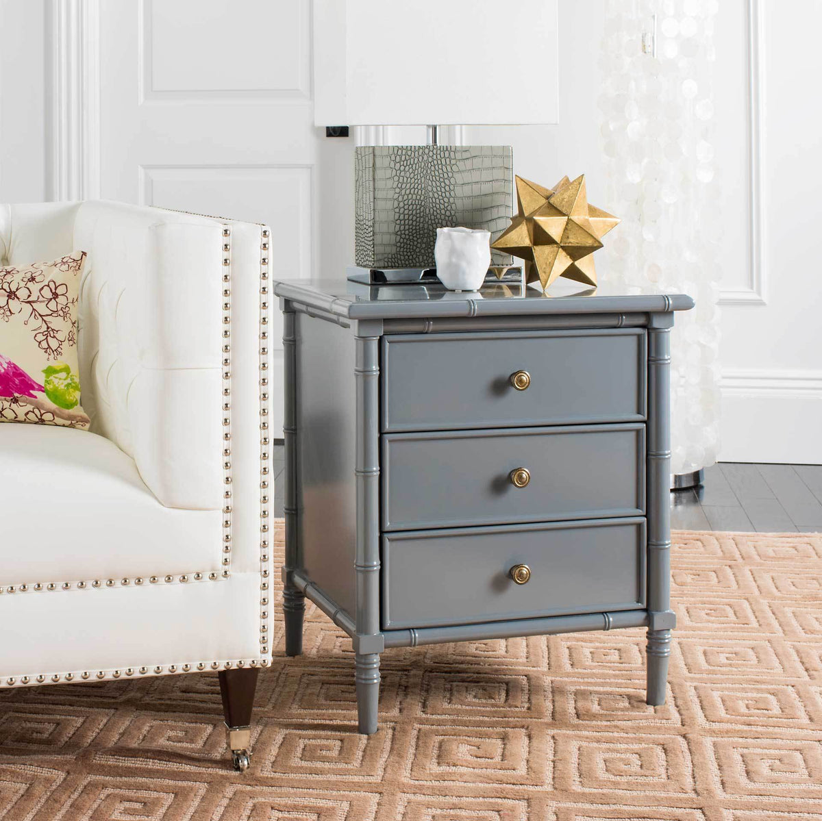 Mitchell Coastal 3 Drawer Bamboo Nightstand Gray