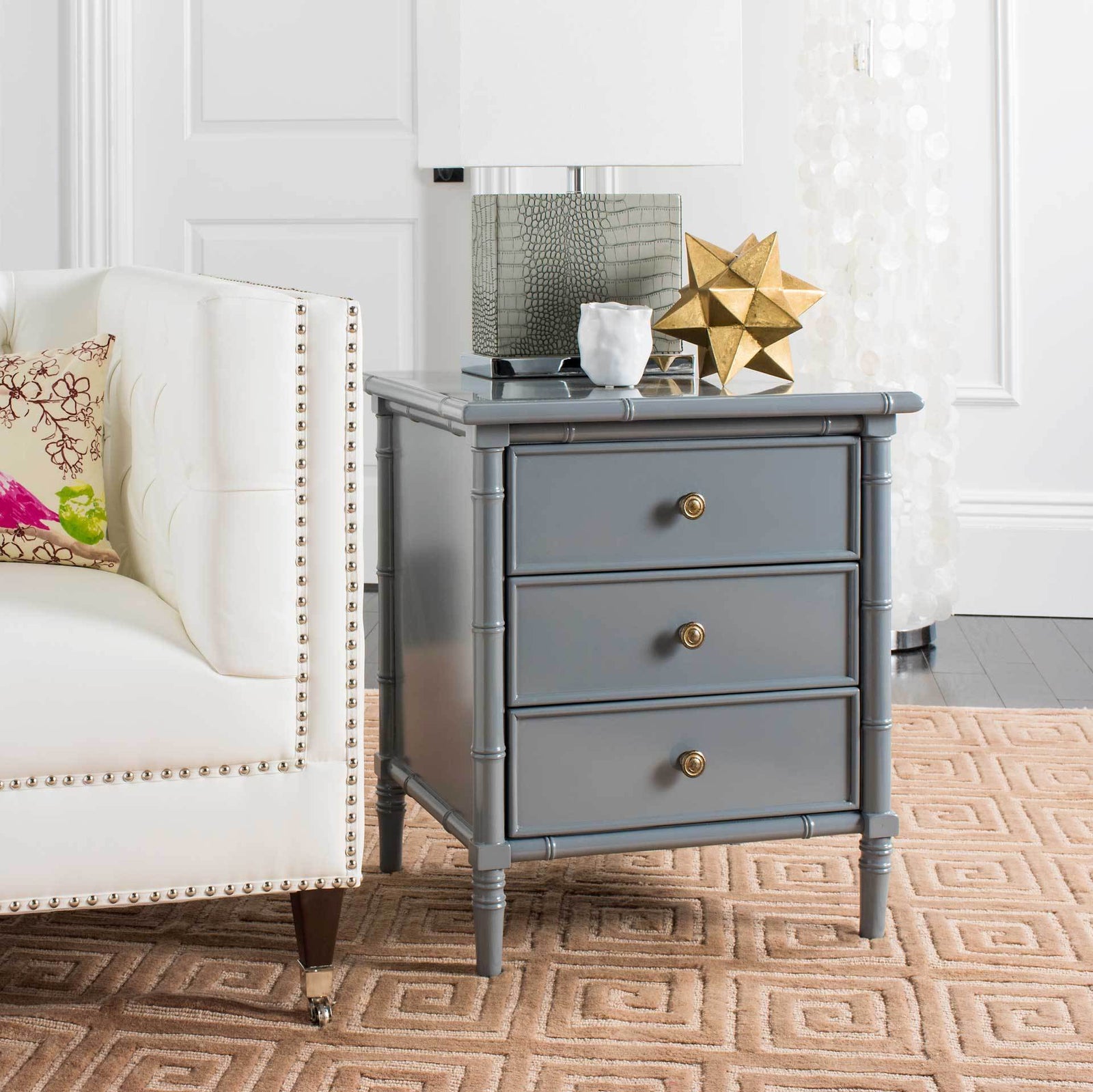 Mitchell Coastal 3 Drawer Bamboo Nightstand Gray