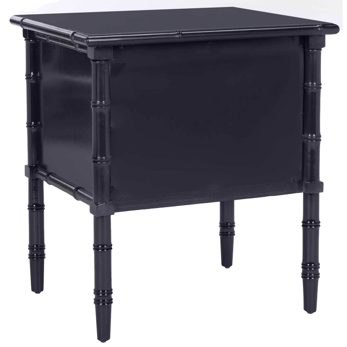 Bamboo-inspired navy trim wraps the paneled body beneath a wide, sleek tabletop.