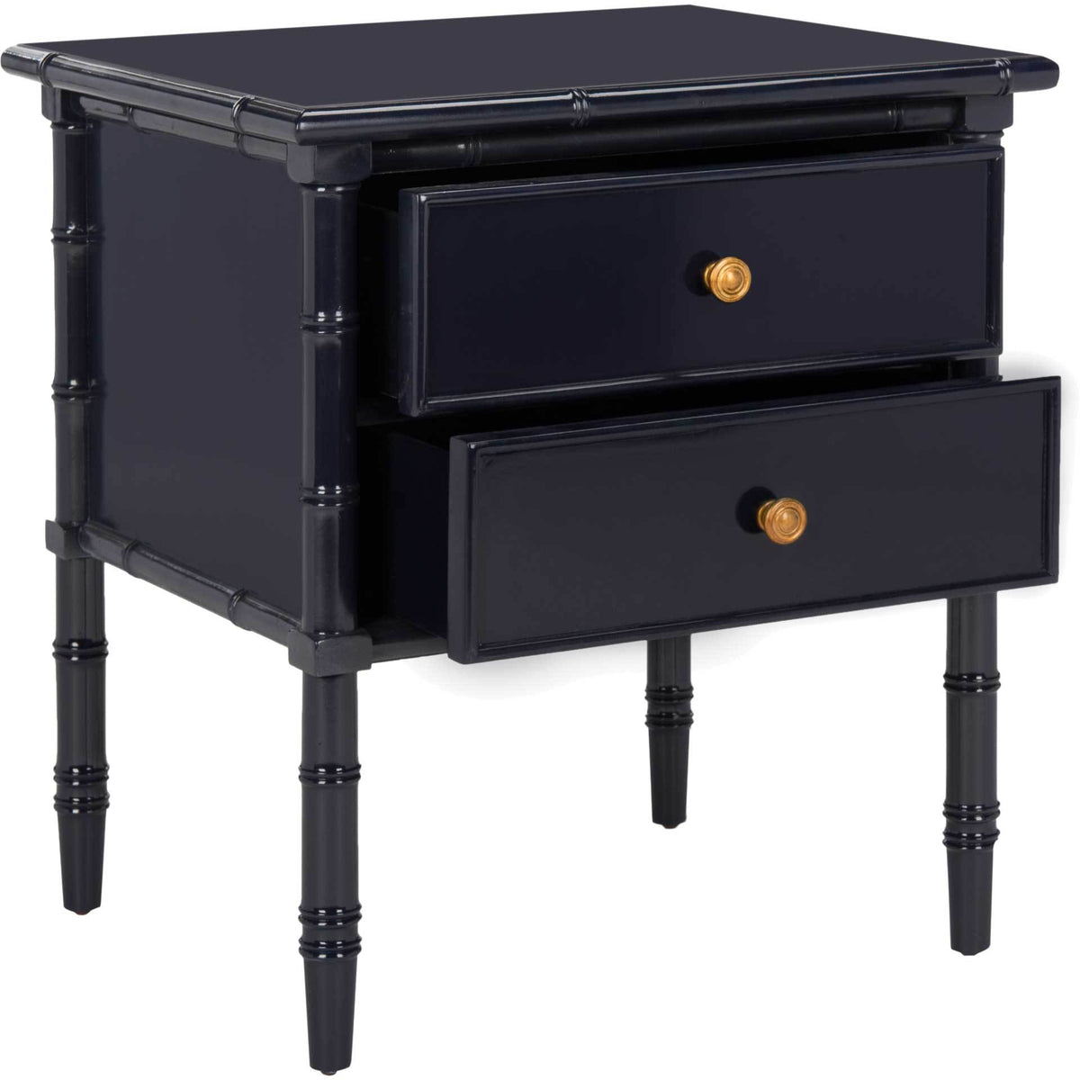 Two open drawers put storage within reach beneath a sleek navy top and gleaming gold knobs.