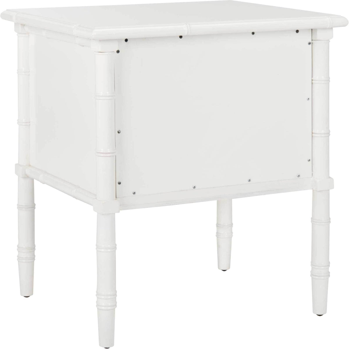 White bamboo-inspired rails and tapered legs lend texture to the smooth paneled cabinet.