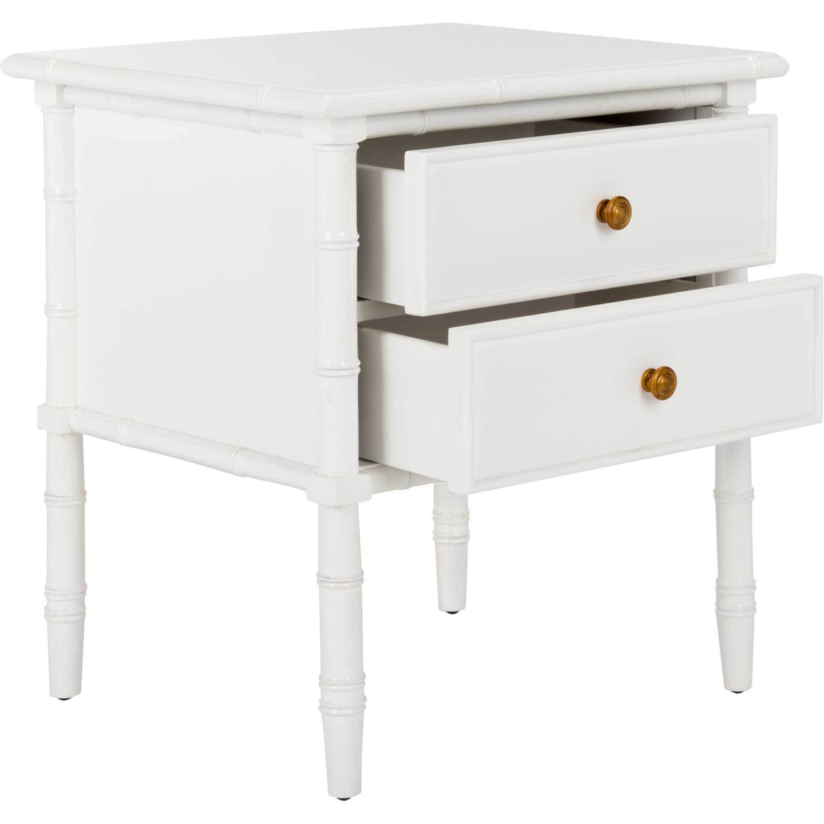 Open white drawers offer easy access to essentials, with gold knobs and a generous tabletop.