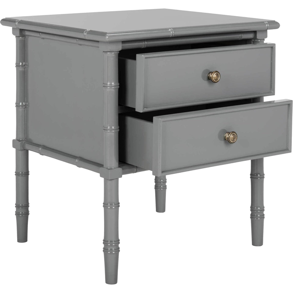 Two gray drawers pull open for easy storage, complemented by antiqued metal knobs.
