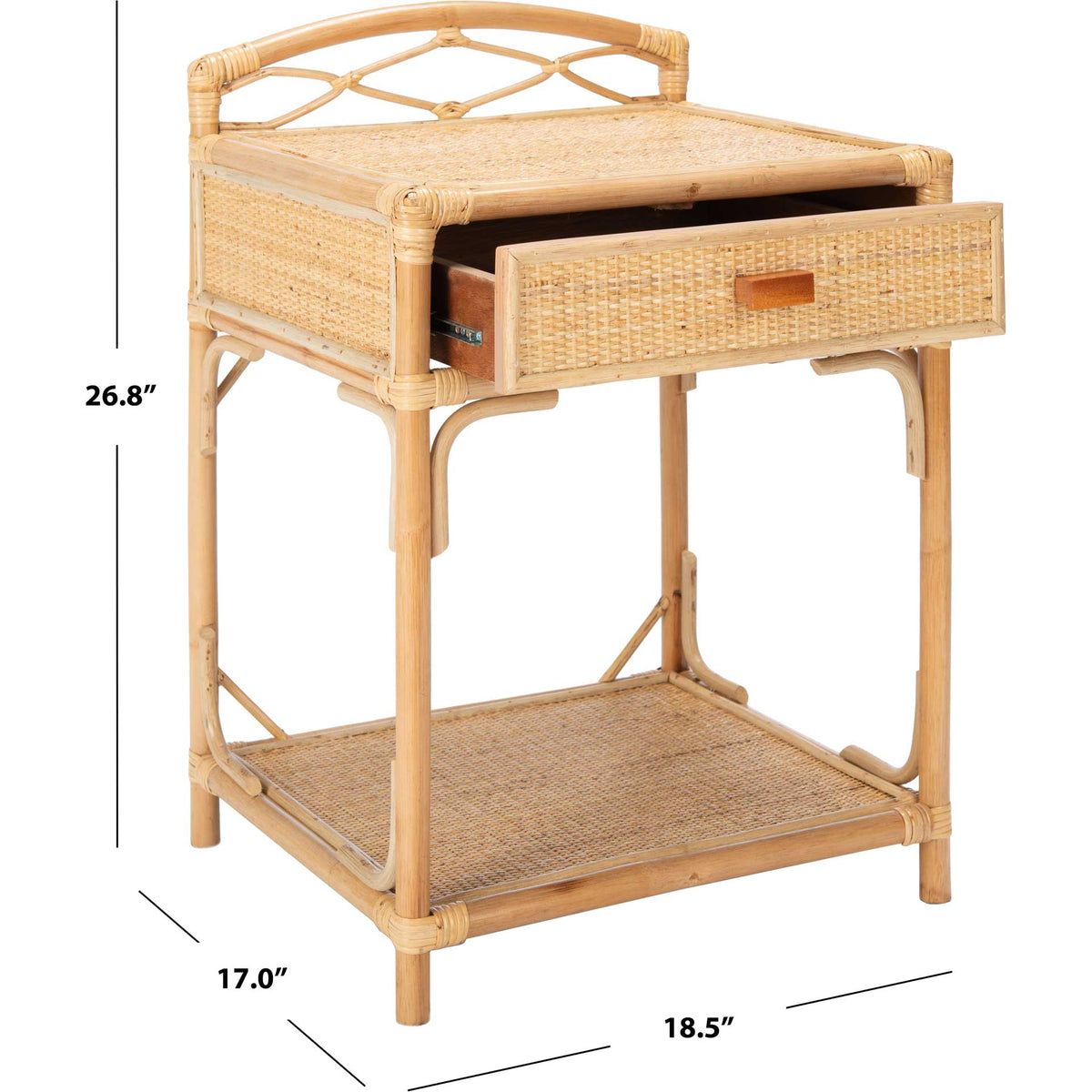 Natural rattan nightstand has a drawer and lower shelf in an 18.5-inch-wide, 26.8-inch-tall design