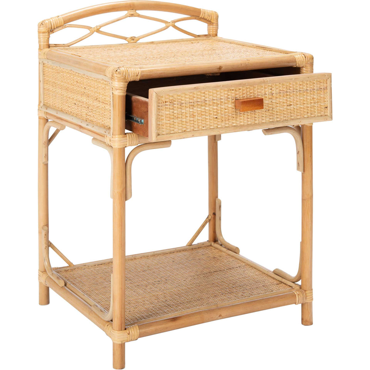 A slim woven drawer slides open above the airy cane shelf of this natural rattan nightstand