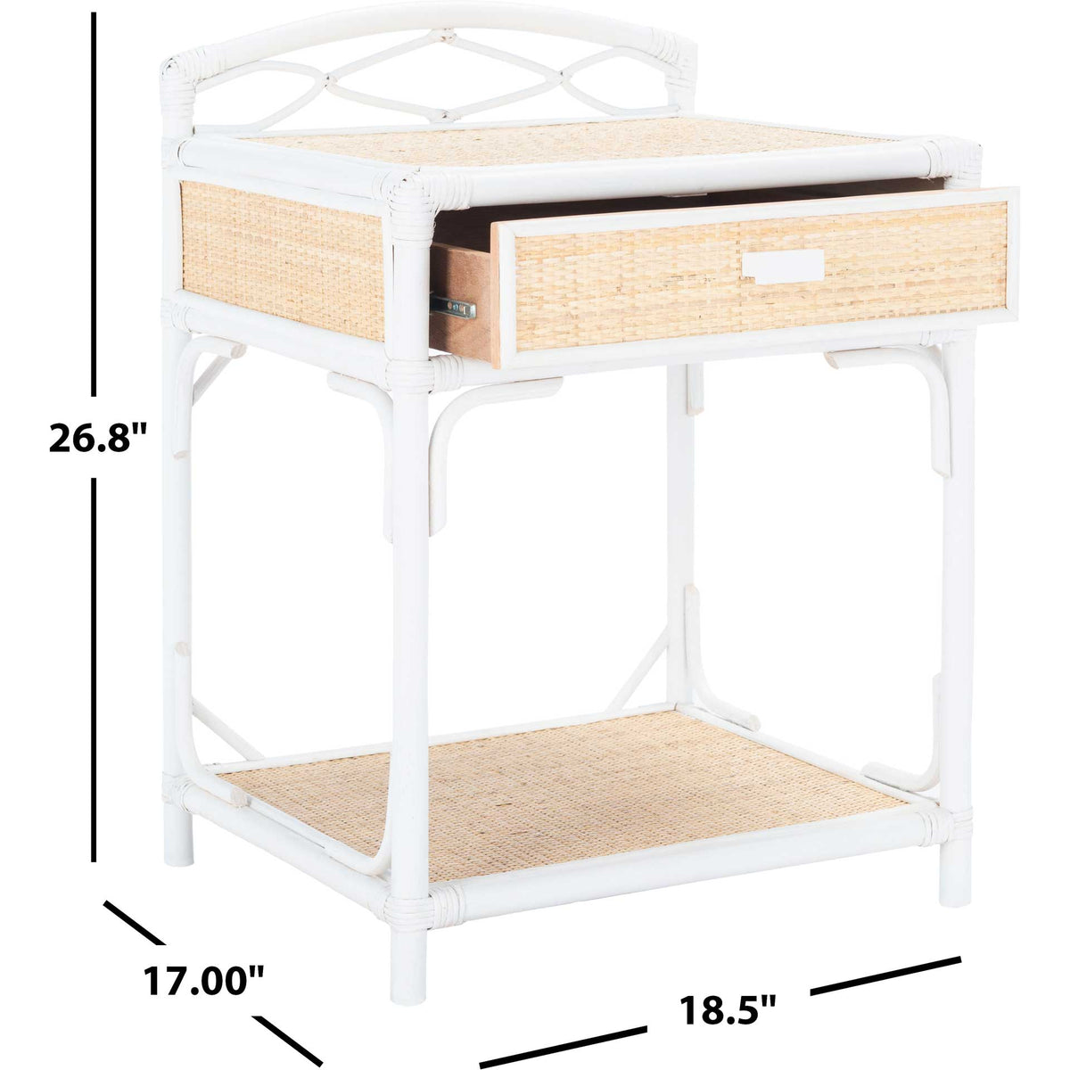 White and natural nightstand measures 18.5 inches wide and 26.8 inches tall, with a drawer and lower shelf