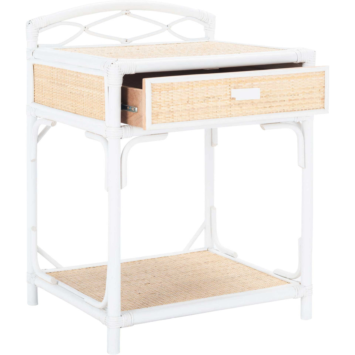 Woven-front drawer slides out above a roomy cane shelf framed by white rattan supports
