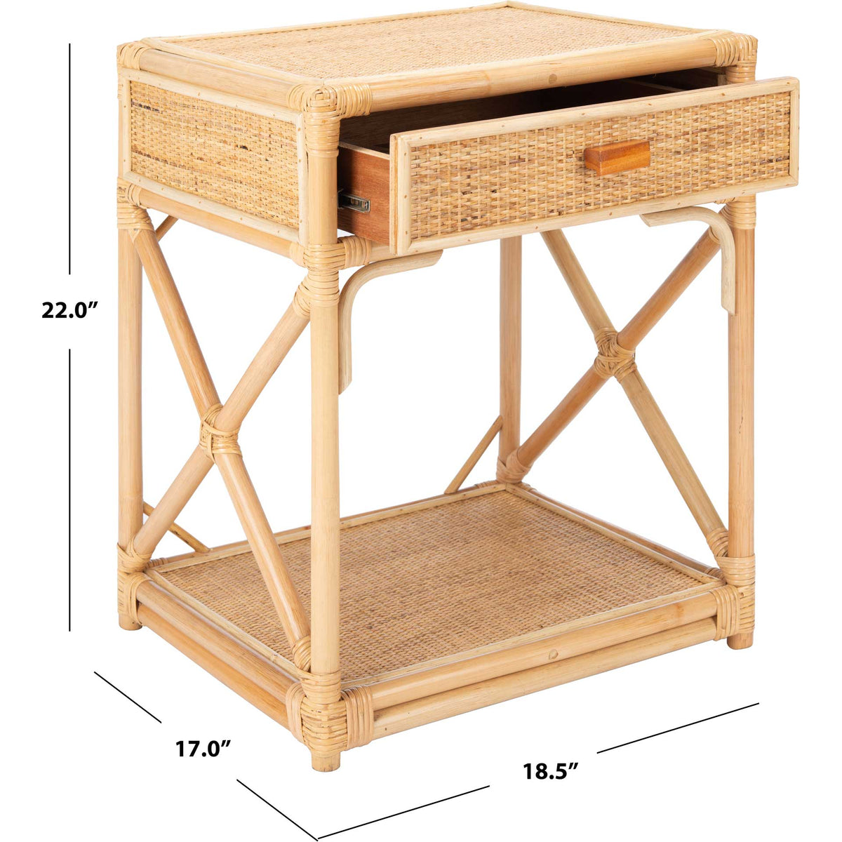 At 18.5 inches wide and 22 inches tall, this natural cane nightstand fits neatly beside a bed
