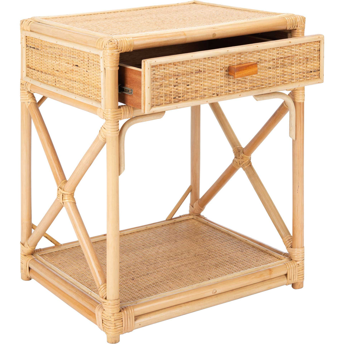 A woven cane drawer opens to reveal wood-lined storage above a matching lower shelf