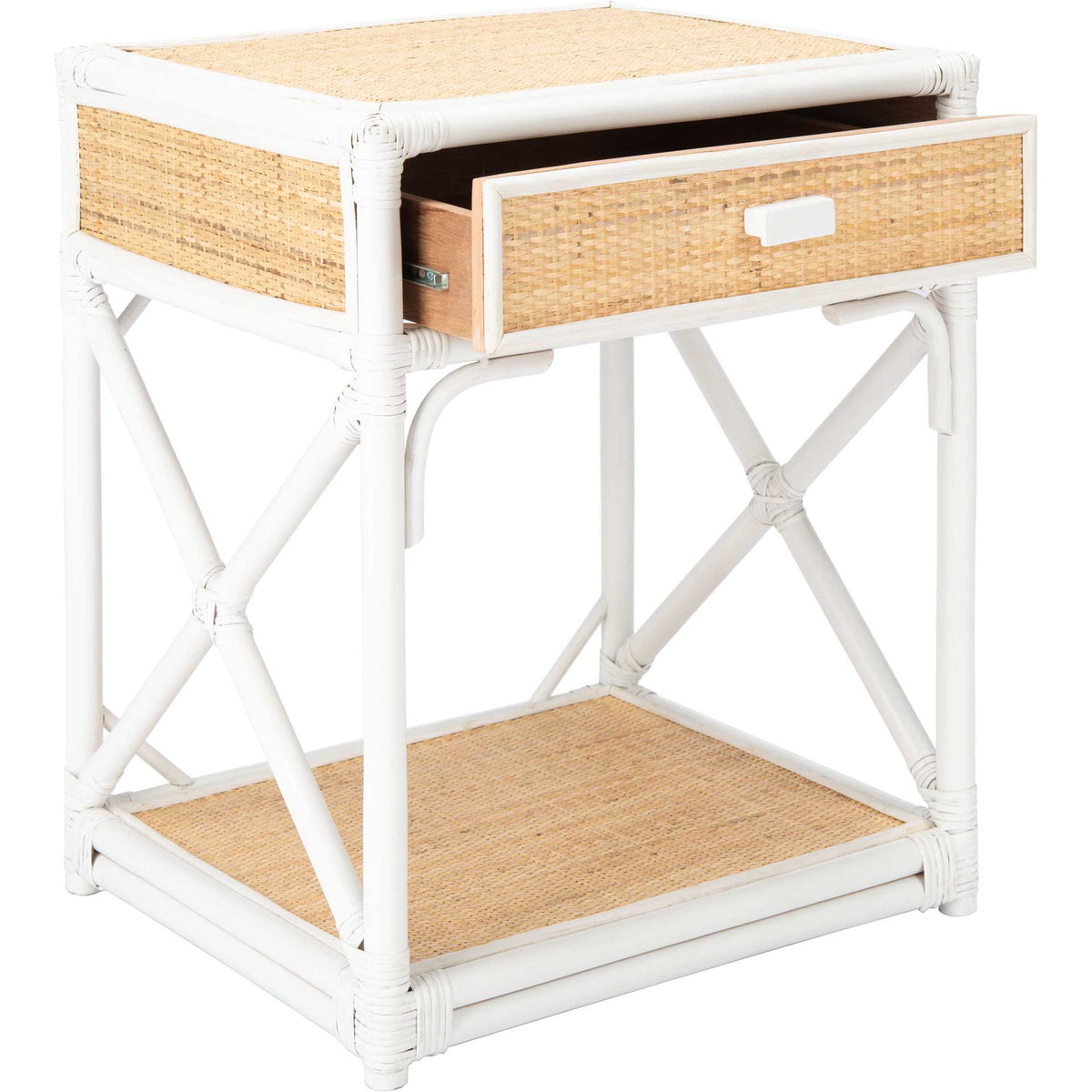 A cane-front drawer opens to wood-lined storage above an airy shelf in a white frame