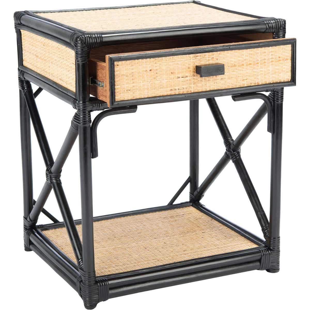 An open cane-front drawer reveals wood-lined storage above a matching shelf and black cross-braced sides