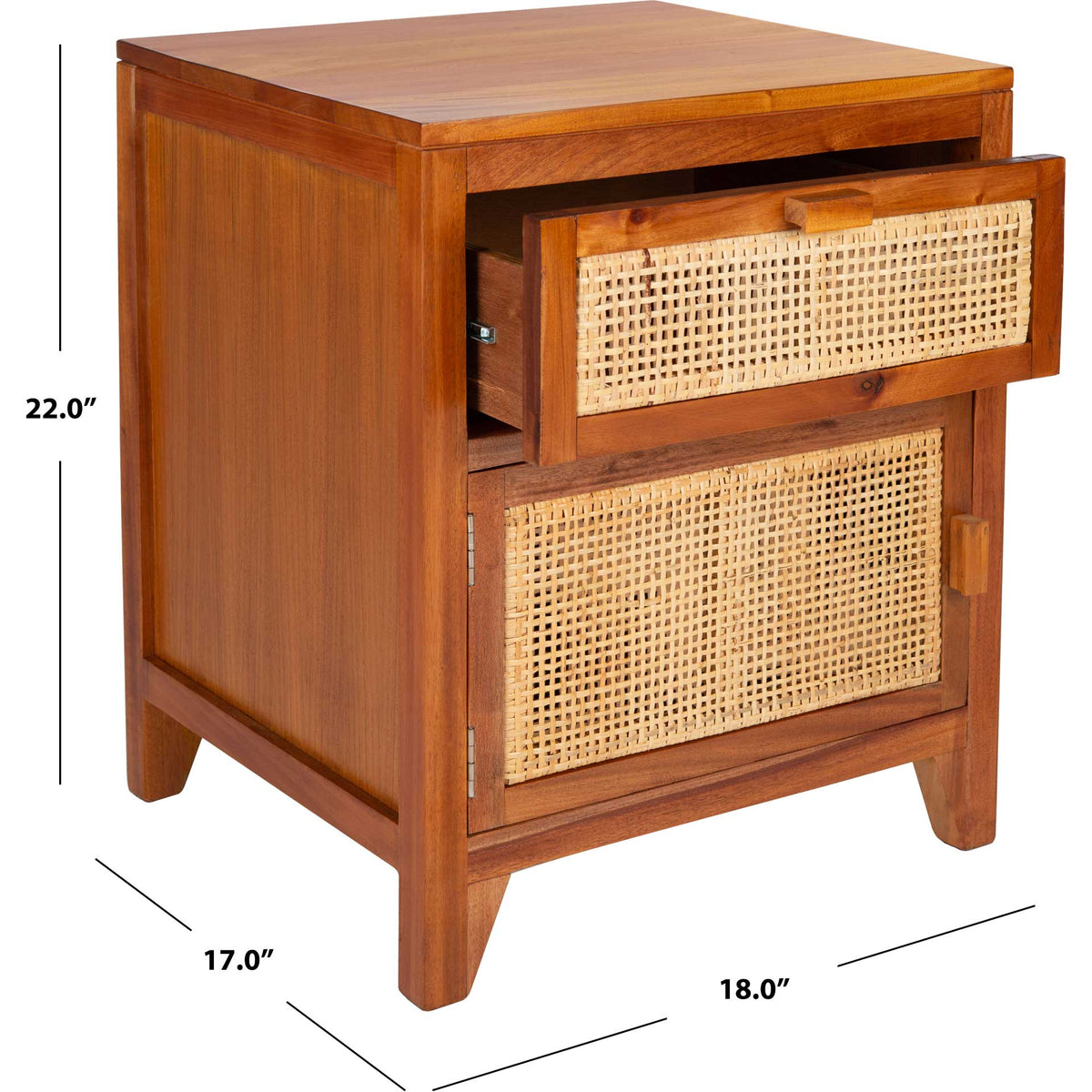 Natural wood nightstand measures 18 inches wide, 17 inches deep, and 22 inches high.