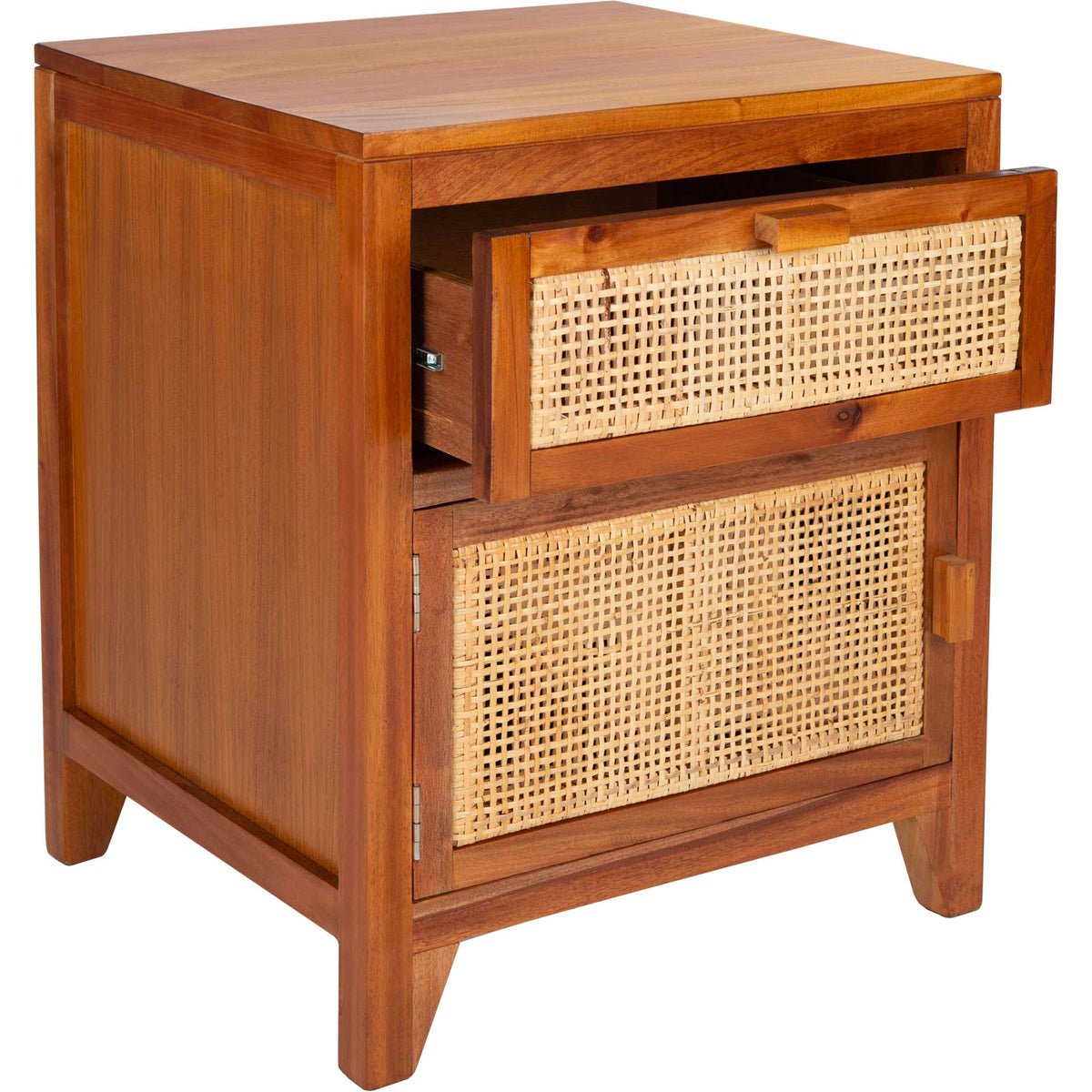 Natural wood nightstand opens to a cane-front drawer above its cabinet door.