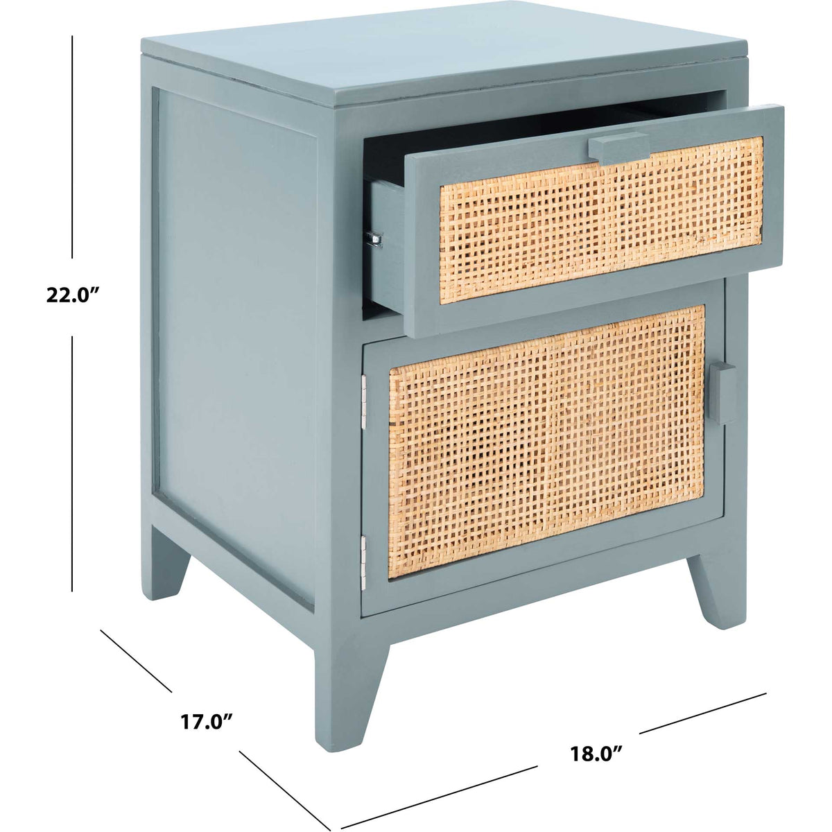 Blue-gray cane-front nightstand measures 18 inches wide, 17 inches deep, and 22 inches high.