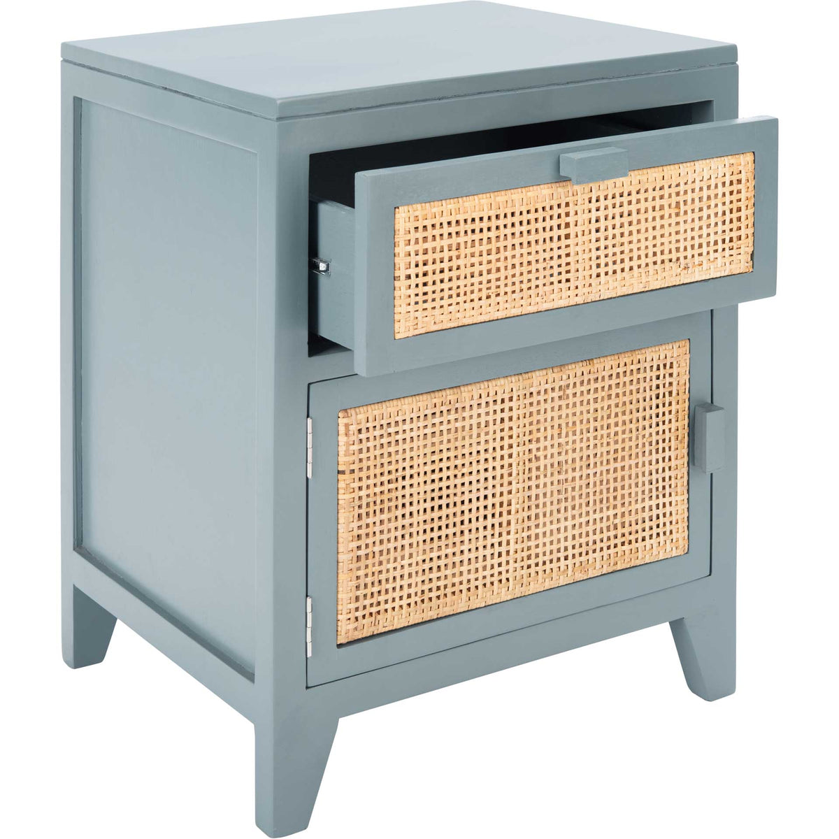 Blue-gray nightstand opens to an upper drawer above its cane-front cabinet.