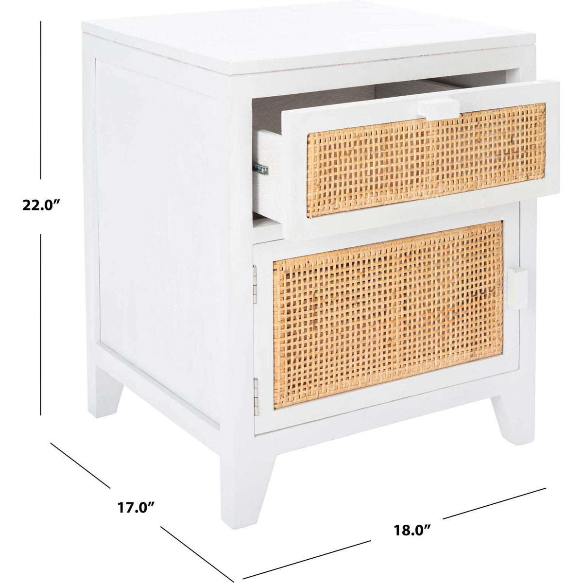 White cane-front nightstand measures 18 inches wide, 17 inches deep, and 22 inches high.