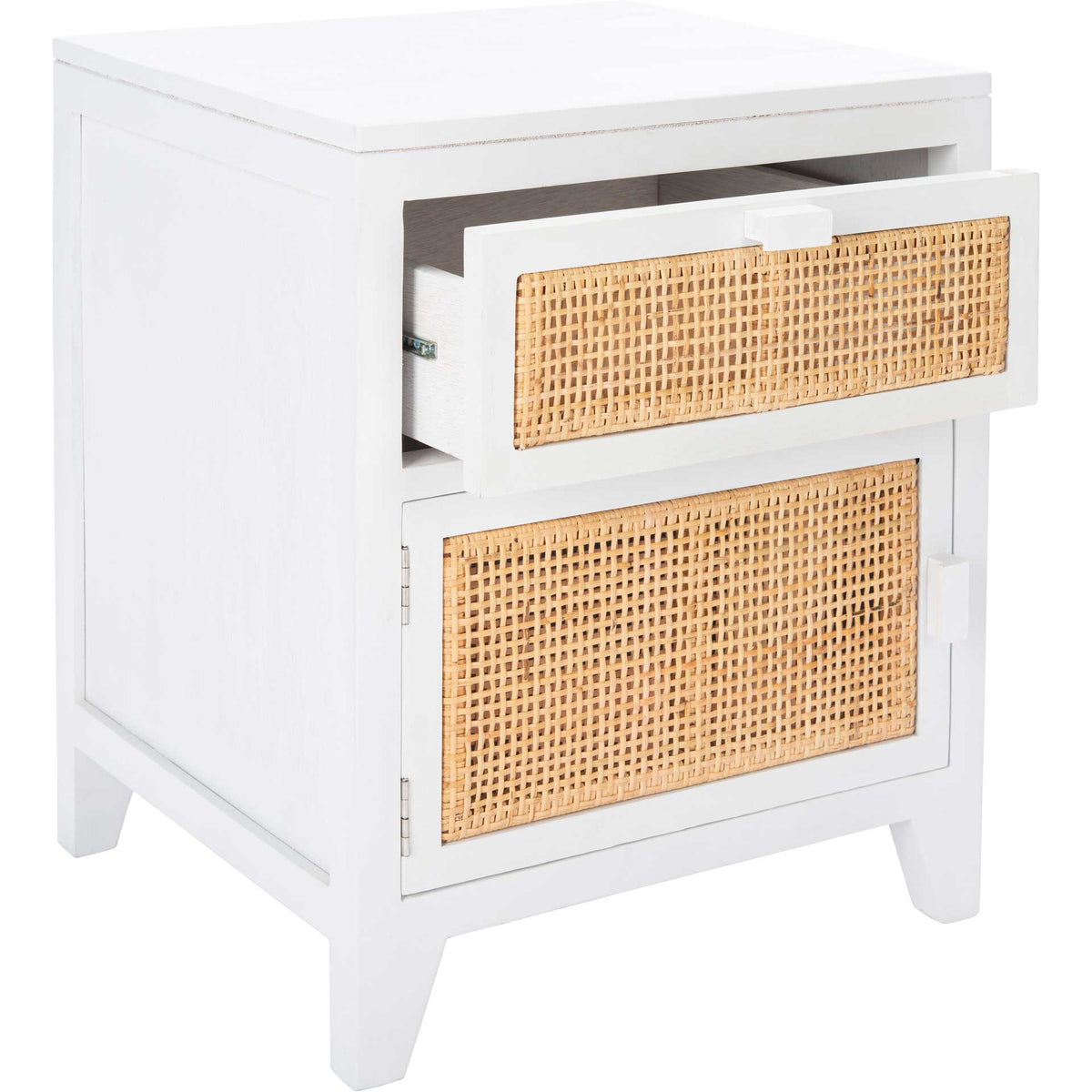White nightstand opens to a cane-front drawer over a coordinating cabinet door.