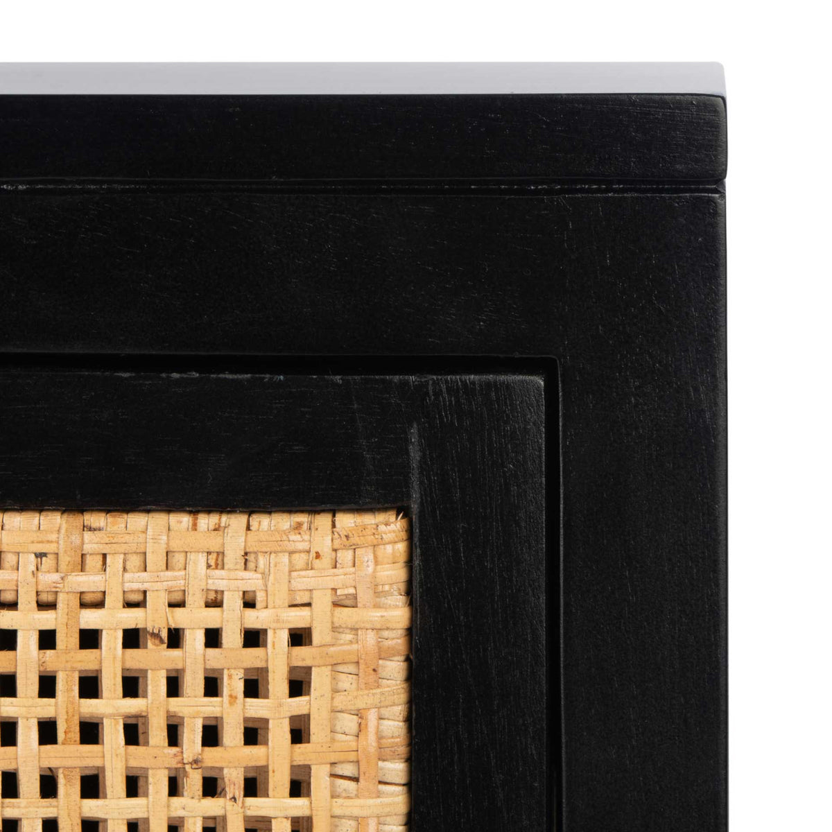 Natural cane weave contrasts with the black finish and inset wood frame.