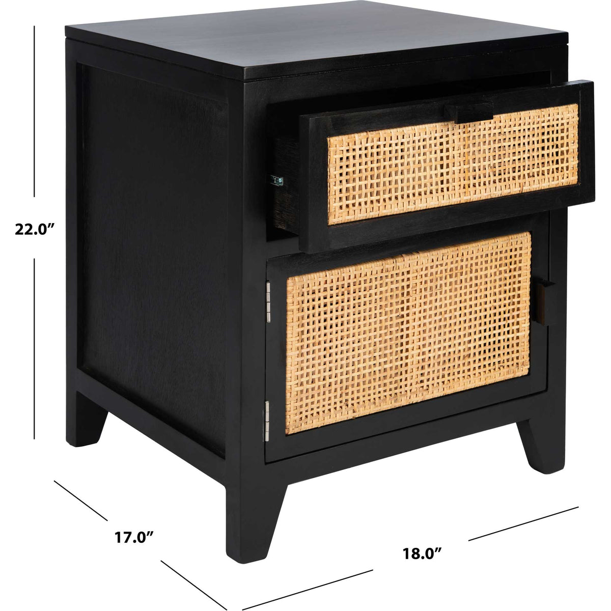 Black cane-front nightstand measures 18 inches wide, 17 inches deep, and 22 inches high.