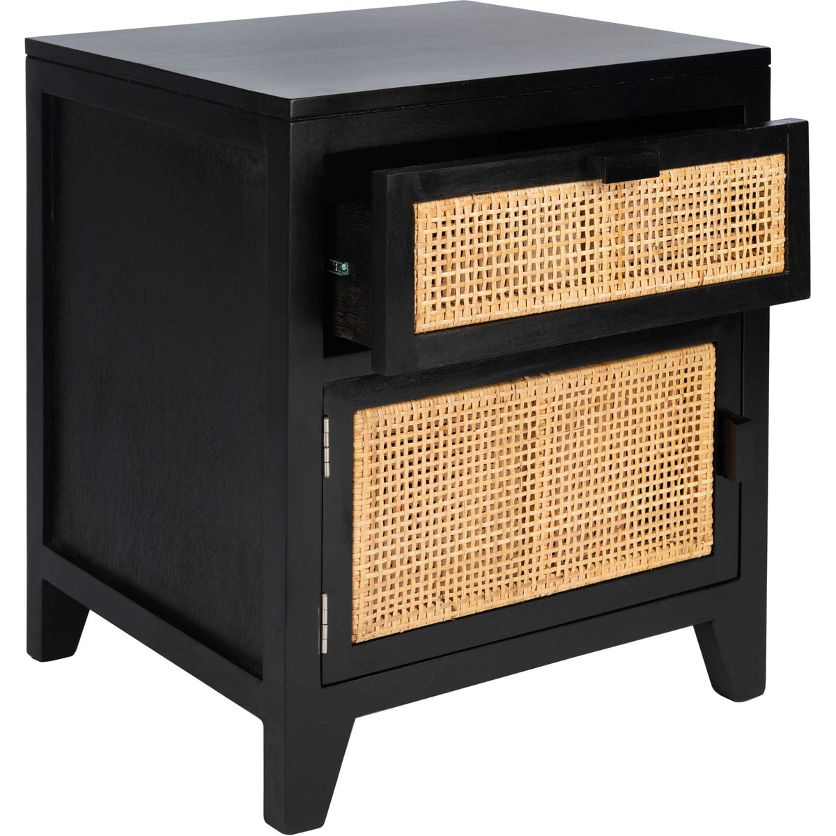 Black nightstand reveals an upper drawer above its woven cane cabinet door.