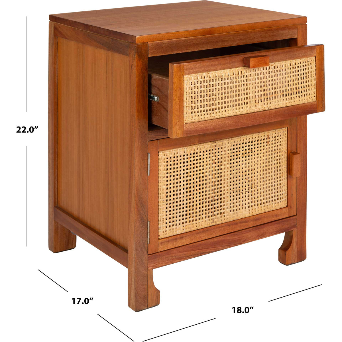 Natural wood and cane nightstand measures 18 inches wide, 17 inches deep, and 22 inches high
