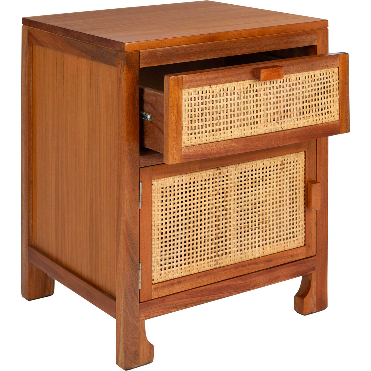 Open cane-front drawer reveals storage in a warm natural wood nightstand