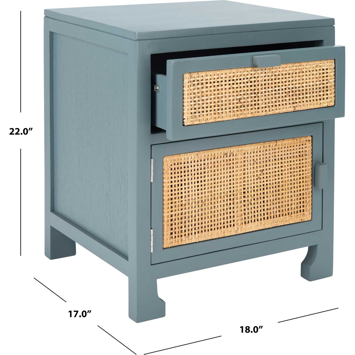 Blue-gray and cane nightstand measures 18 inches wide, 17 inches deep, and 22 inches high