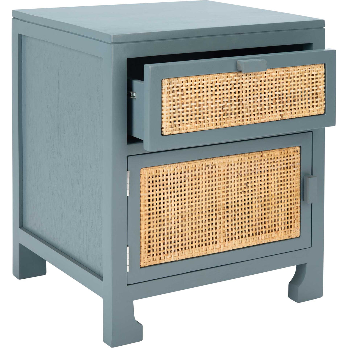 Open drawer offers convenient storage above the blue-gray nightstand's cane-front door