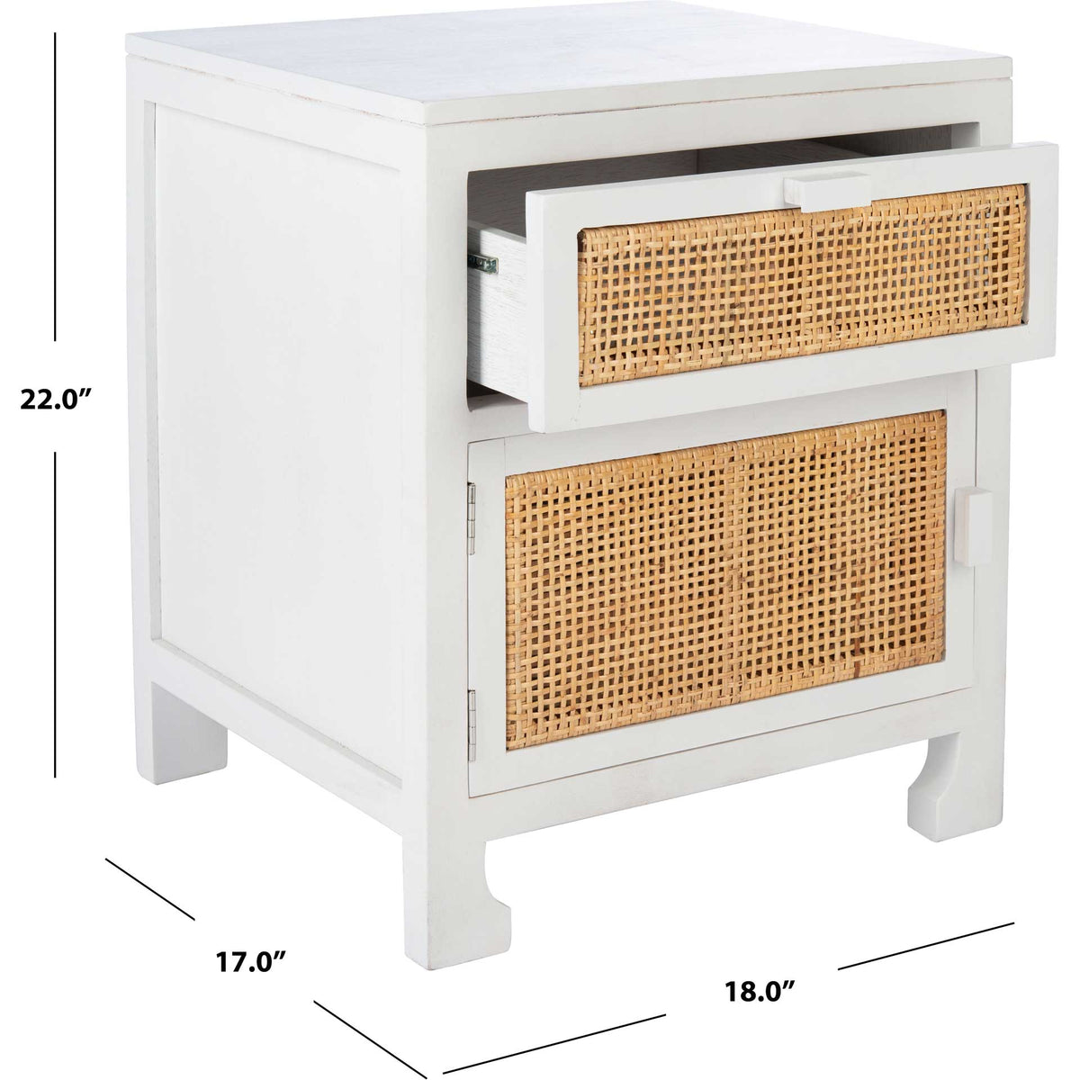 White and cane nightstand measures 18 inches wide, 17 inches deep, and 22 inches high