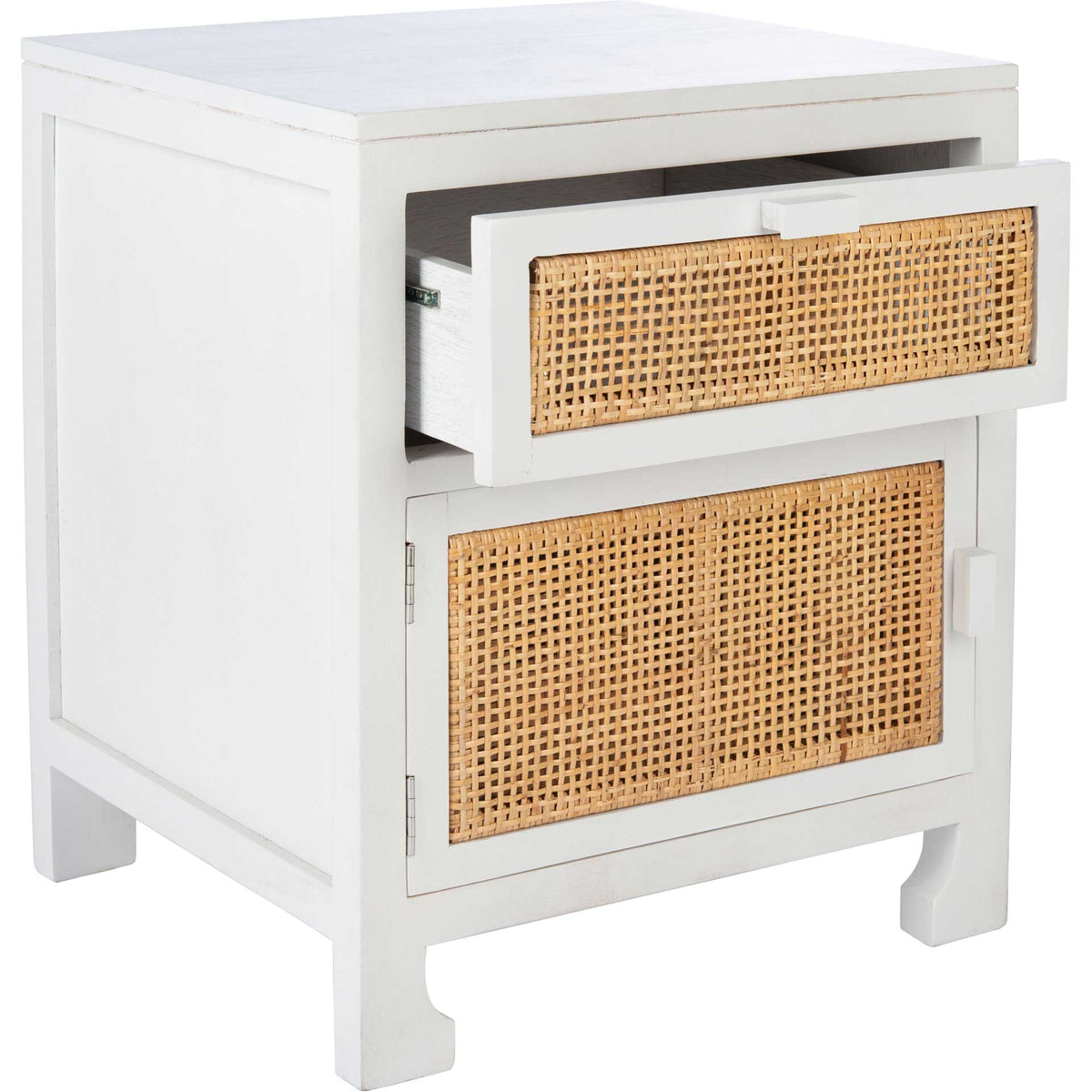 Open cane-front drawer provides storage above a closed door in a white nightstand
