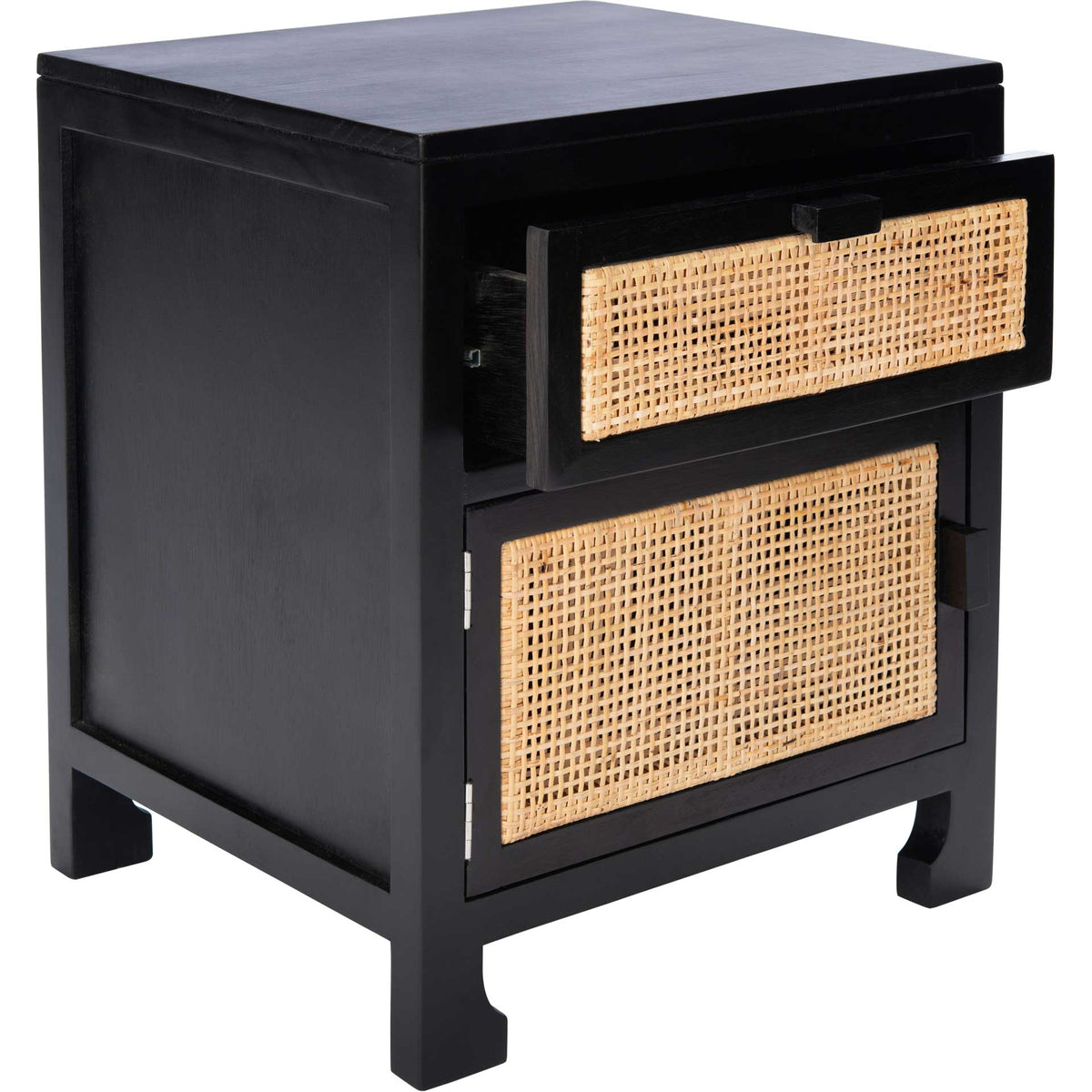 Open cane-front drawer reveals storage above a closed cabinet in black wood