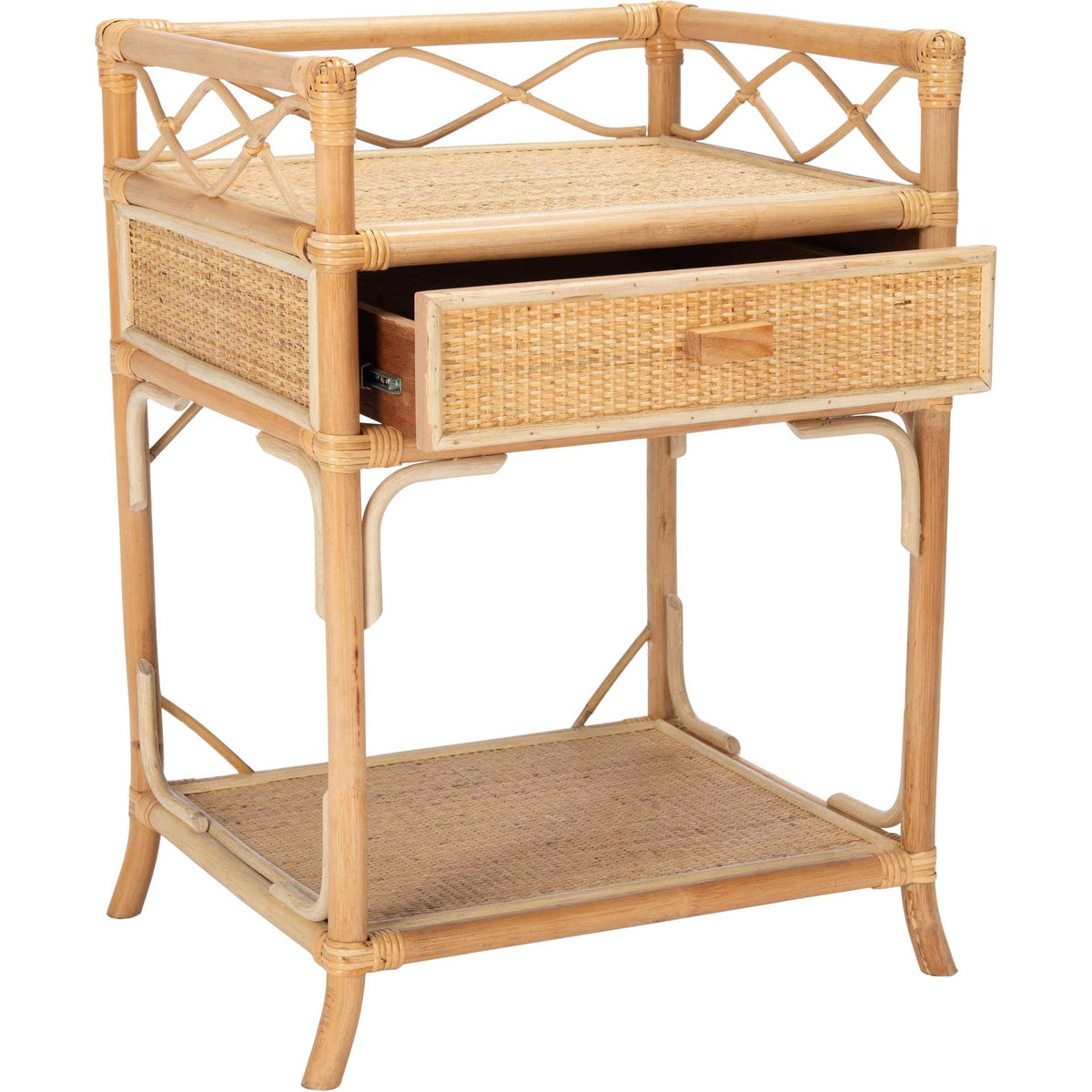 An open drawer reveals bedside storage above the woven lower shelf of a natural rattan nightstand