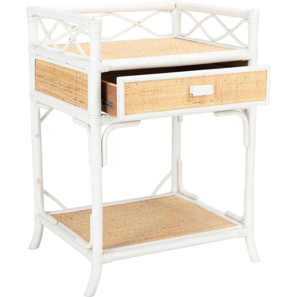 The woven cane drawer pulls out for convenient storage above a white-framed open shelf