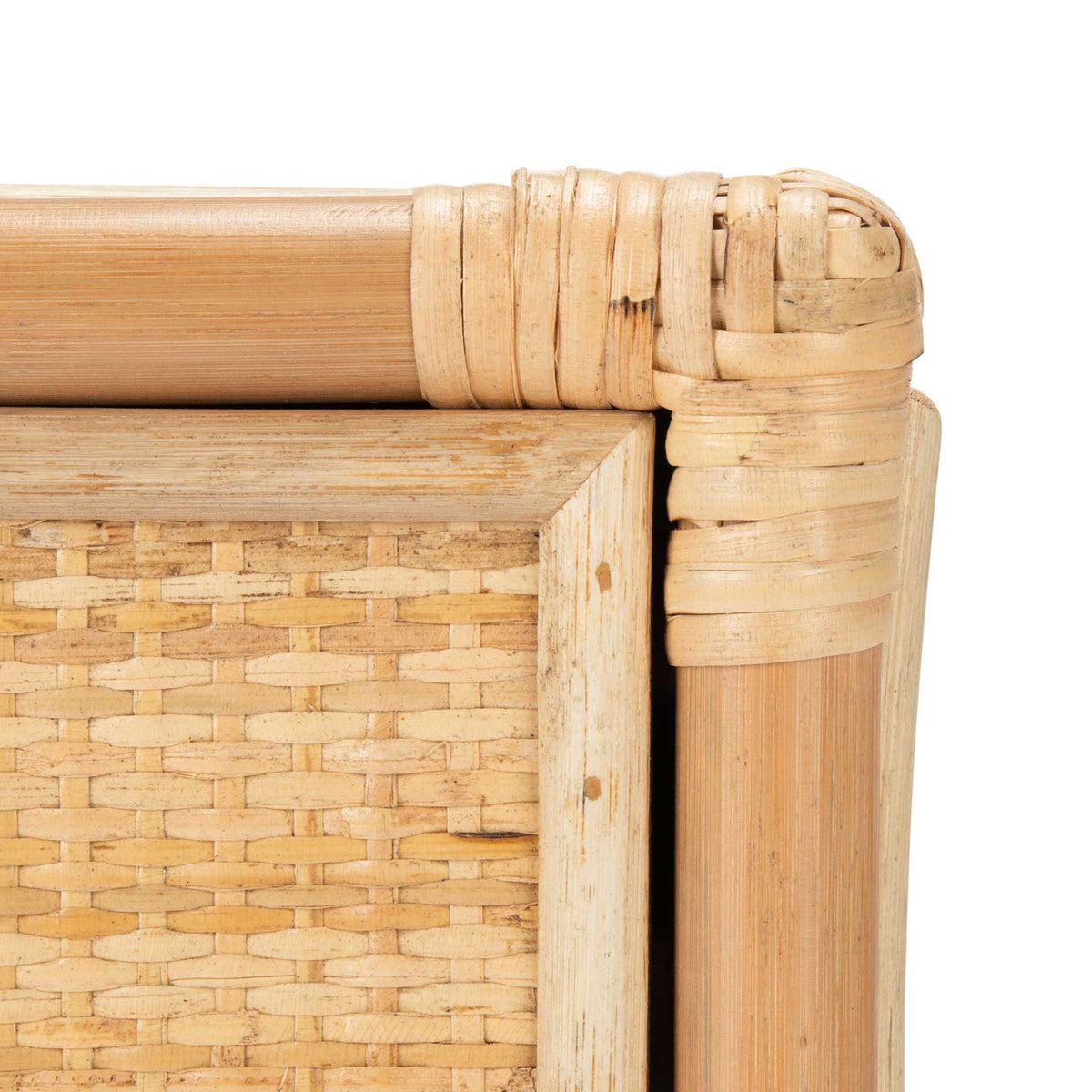 Rattan-wrapped corner meets a smooth natural frame and neatly woven cane