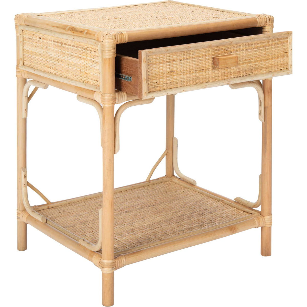 Pullout cane-front drawer reveals handy storage above the roomy woven shelf