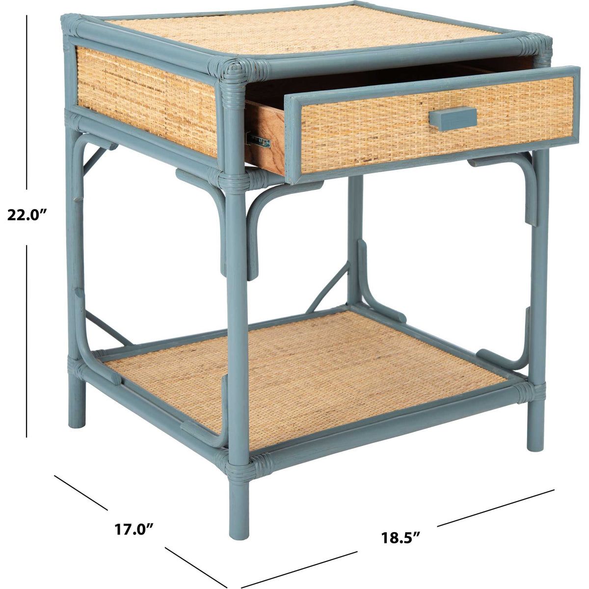 Blue-gray and natural nightstand measures 18.5 inches wide, 17 inches deep, and 22 inches tall