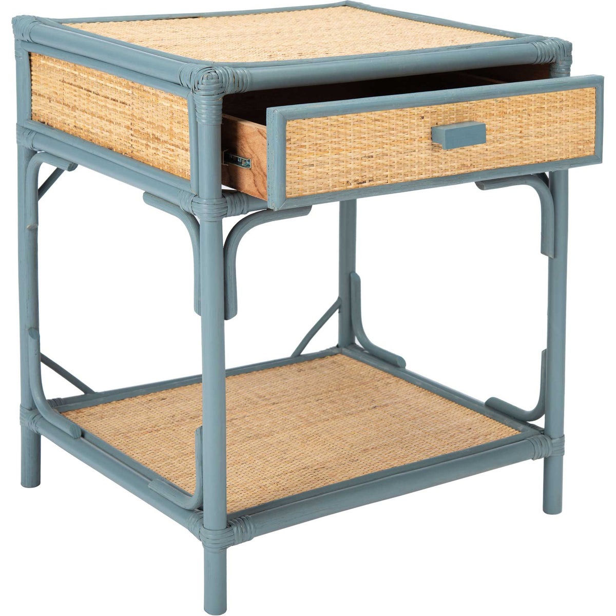 Pullout woven drawer offers discreet storage within a blue-gray frame and open shelf