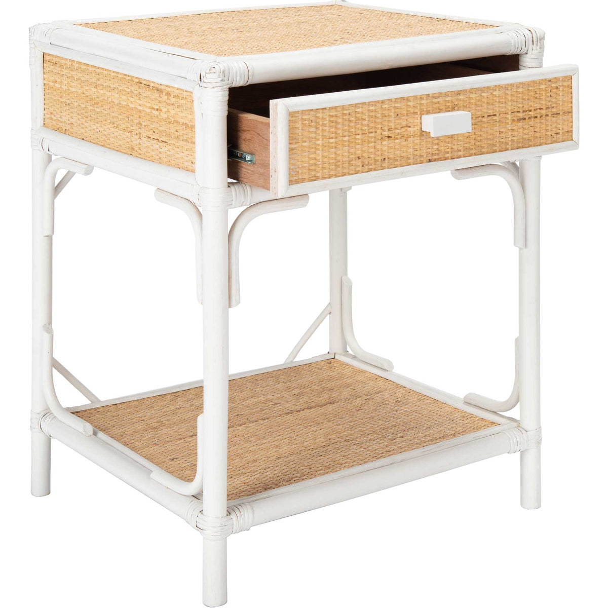 Woven drawer opens for discreet storage within a crisp white frame and open shelf