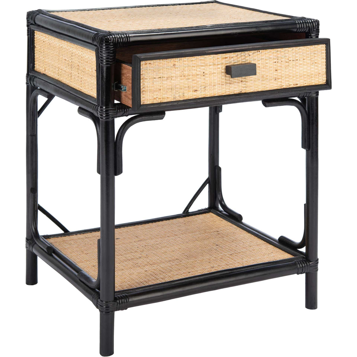 Pullout woven drawer adds handy storage to the black frame and airy lower shelf