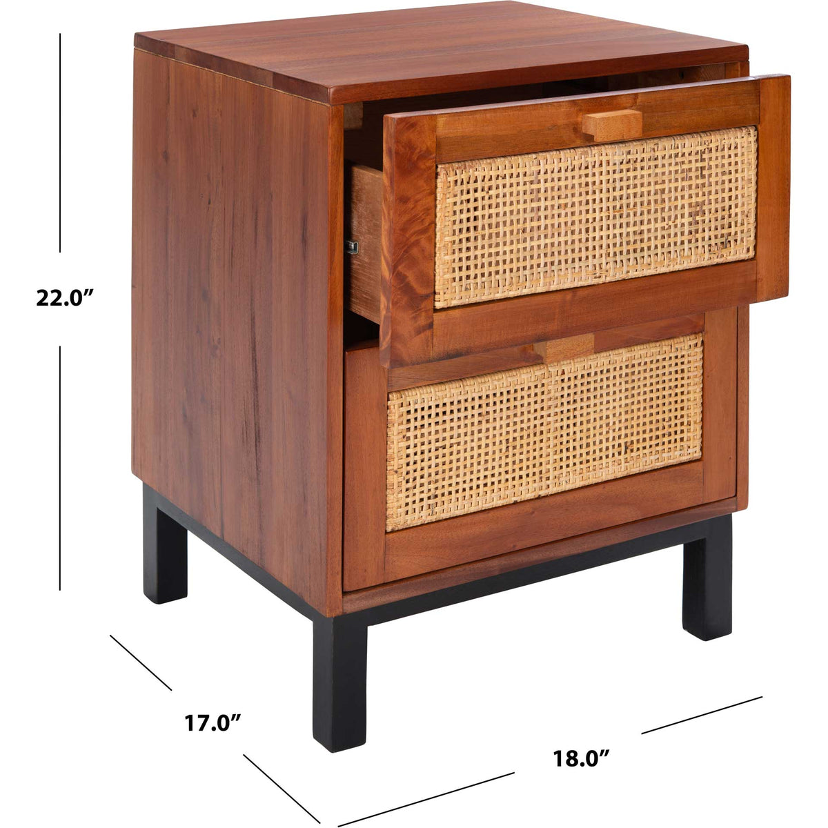 At 18 inches wide, this warm wood nightstand offers two cane-front drawers and slim black legs.